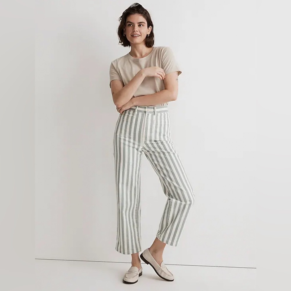 Madewell Emmett 2.0 Wide-Leg Crop Pants Patch-Pocket Edition Sage Stripe SZ 28